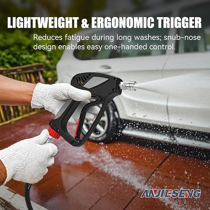 Short Pressure Washer Gun with 360 Swivel - 5000 PSI / 10.5 GPM High Pressure Water Handle with 3/8" Male Plug and 1/4" Quick Connector Coupler - Ideal Power Car Wash Foam Gun (New)