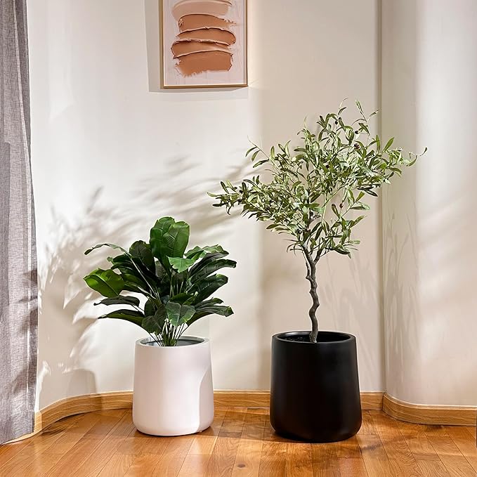 15.3"H x 15"D Conico Fiberstone Round Planter - Christmas Tree Planter, Smooth Finishes, Weather Resistant for Indoor and Outdoor Use, Included 2 Extra Coco Mats (White, 11.7" Pot Opening)