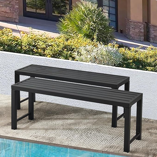 Black Outdoor Bench, Outdoor Metal Backless Bench Set of 2, 46" Patio Garden Bench for Outdoor, All Weather Outdoor Bench for Garden, Backyard, Porch, Black