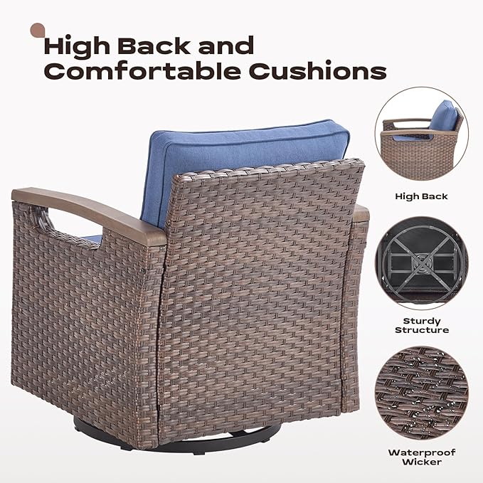 Rilyson 4 Piece Outdoor Patio Swivel Rocking Chairs, All Weather Wicker, Metal Armrest, Deep Seating, Thick Comfortable Cushions, Ideal for Deck Porch Backyard, Brown/Blue