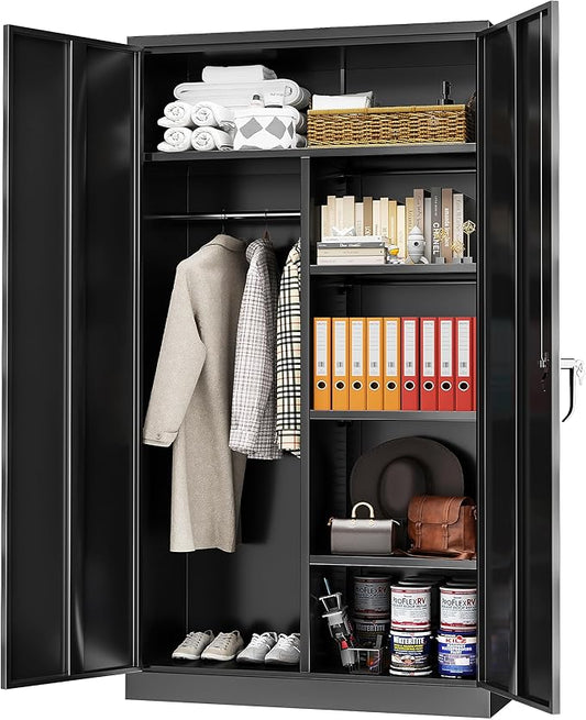 Greenvelly Metal Storage Wardrobe Cabinet with Lock,72" X 36" X 18" Clothing Locker Storage Cabinet,Employees Locker Closet Clothing Coat Wardrobe Cabinet with Hanging Rod for Garage,Home Office,Gym