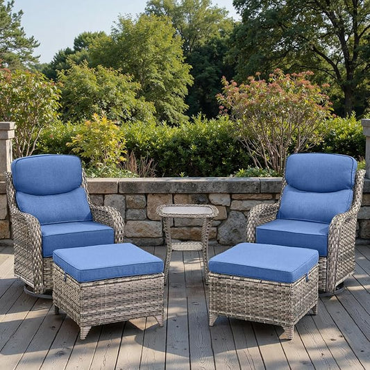 Swivel Patio Chairs Sofa Set of 5 with 6" Thick Cushion - Wicker Outdoor Swivel Rocker Patio Chair with Side Table, High Back Comfortable Outdoor Glider Chairs - Grey Wicker | Blue Cushions