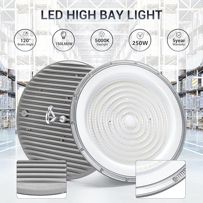 10 Pack 250W UFO Led High Bay Light,120VAC,5000K Daylight Commercial Bay Lighting,IP66 Waterproof,41050LM,1150W MH/HPS with Plug Area Light for Warehouse/Shop/Workshop/Barn/Gym/Factory