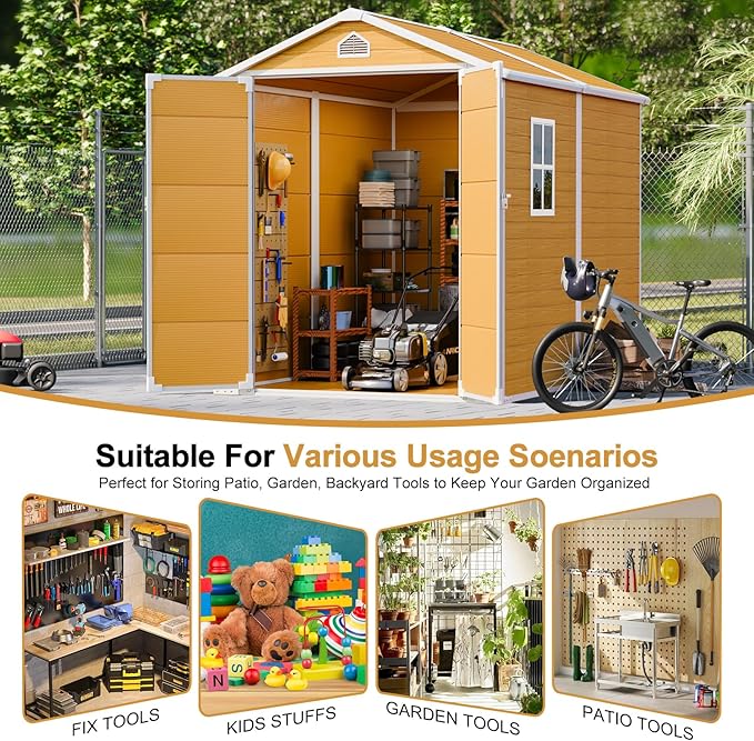 8X6 FT Resin Outdoor Storage Shed with Floor,Water Drainge Roof Plastic Sheds with Windows and Lockable Doors,Thickened Panel All-Weather Resistant Tool Storage Shed for Garden Backyard Patio, Brown