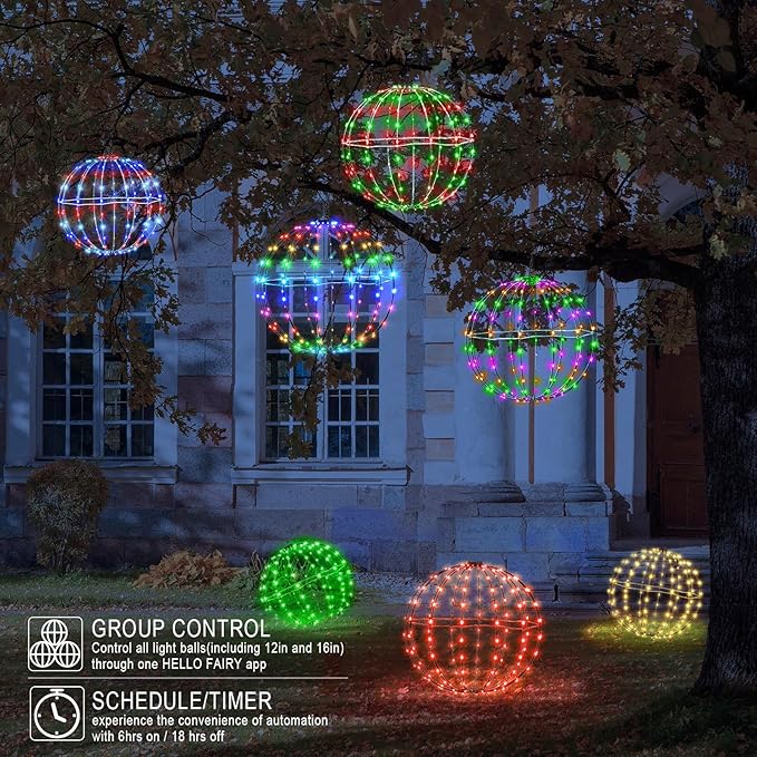 3 Pack 16” Outdoor/Indoor LED Christmas Light Balls, Smart Hanging Tree Decor Sphere Lights, Dimmer Color Changing, App & Remote Control, Timer, Waterproof, Holiday, Patio, Wedding Decor