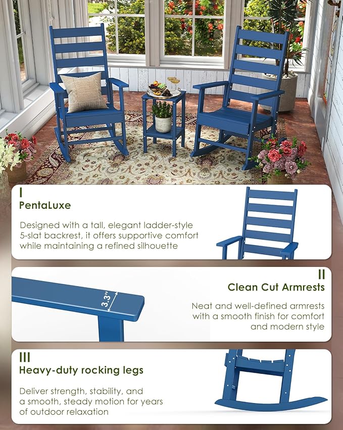 GREENVINES Outdoor-Rocking-Chairs-Set-of-4 | HDPE Plastic | Patio Rockers | Porch Rocker Chair | Shaker | Oversized | High Ladder Back | Big & Tall | PentaLuxe | Blue
