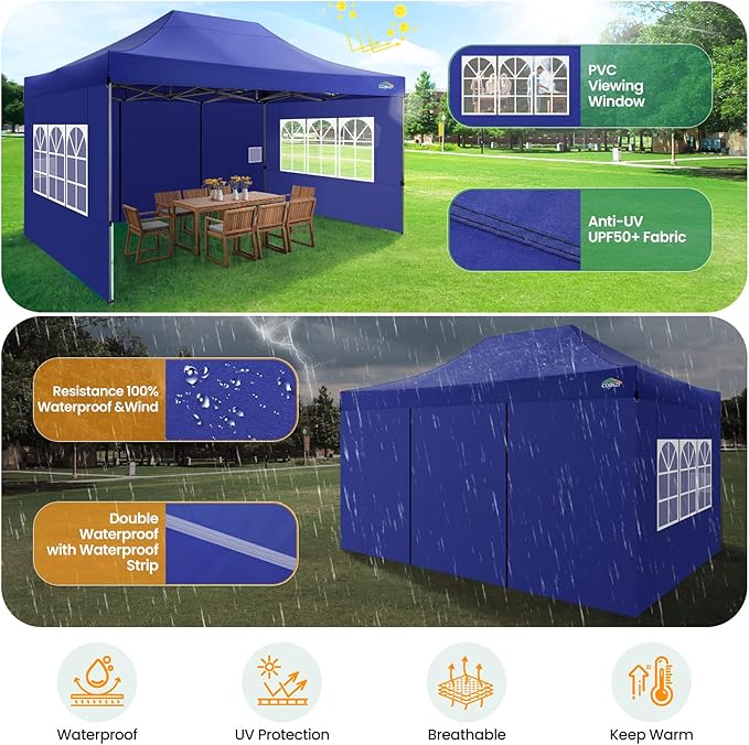 COBIZI 10x15 FT Heavy Duty Pop up Canopy with 4 Removable Sidewalls, Easy up Gazebo High Stability, All Weather Sunshade 100% Waterproof Outdoor Canopy Tents with Carry Bag, Dark Blue
