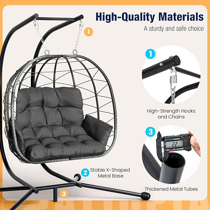 Pamapic 700 LBS Double Egg Chair Outdoor, UV Resistant Cushions Hanging Egg Chair with Armrests & Headrest, Thick Steel Frame Egg Swing Chair with Stand, for Relaxing & Reading Outside/Inside(Grey)