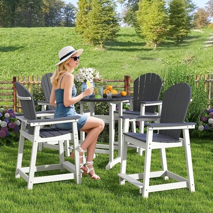 OTSUN 24 inch Tall Adirondack Chairs Set of 5, Patio Bar Stool Chairs with one Table, 400lbs, Widened Arms, All-Weather Balcony Chair for Backyard, Garden (White&Grey, 5 Sets)