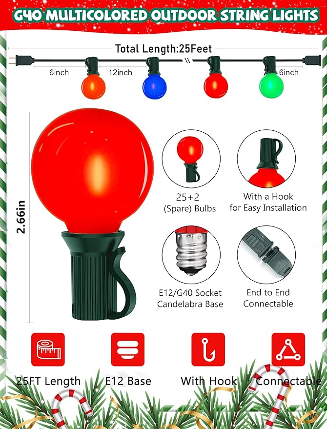 25Ft LED Christmas Outdoor String Lights, G40 Globe Edison Lights with 27 0.6W Baked Multicolor Bulbs, Vintage Ceramic Lights for Holiday Party Backyard Wedding Garden Patio Porch Decor, Green Wire