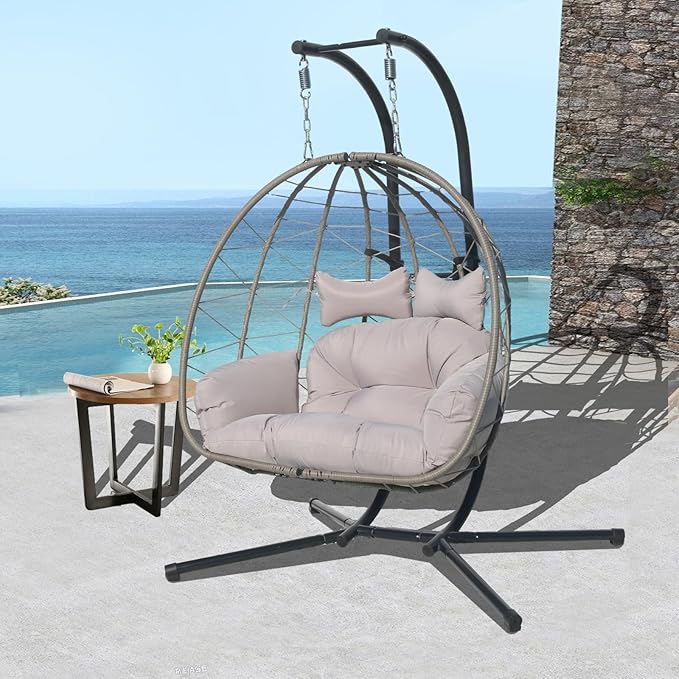 Double Hammock Egg Chair 2 Person Egg Chair Indoor Outdoor Swing with Stand Patio Wicker Hanging Chair Widened and Enlarged for Balcony Bedroom Porch Adults Kids