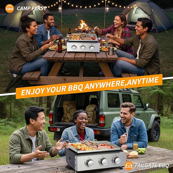 Burner Table top Propane Griddle with Detachable Top | Ultimate Portable Outdoor Cooking Station | Includes Stainless Steel Warming Rack for Camping, Tailgating & BBQs (3 burner)