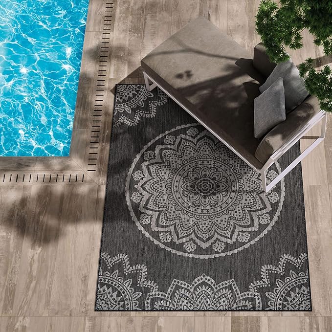 CAMILSON Outdoor Rug 9x12 Modern Area Rugs for Large Indoor and Outdoor Patios and Porches - Washable, Non-Shedding, Easy-to-Clean Outside Carpet (9 x 12, Medallion - Dark Grey/Light Grey)