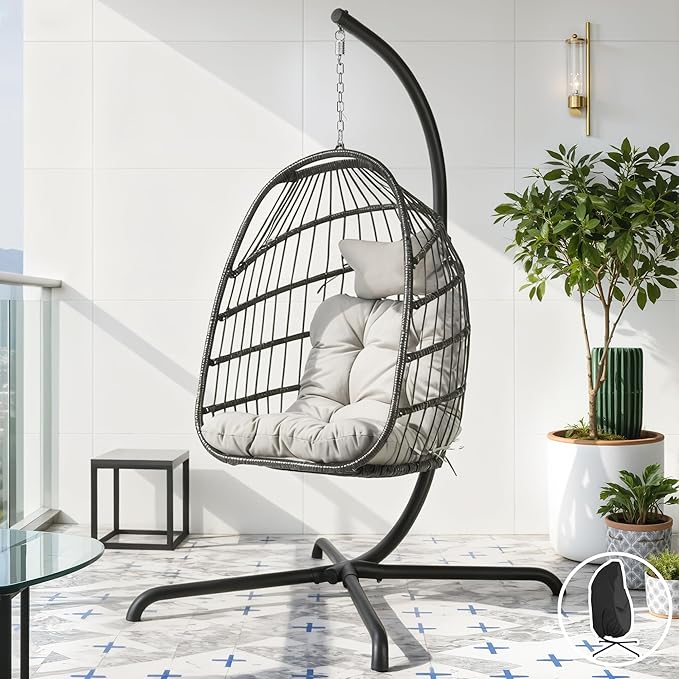 BLUEXYARD Patio Egg Chair Swing with Stand and Rain Cover, 350 Lbs Heavy-Duty Wicker Hanging Hammock Chair with Comfy Cushion, Sturdy Basket Chair for Indoor Outdoor Pool Porch Garden Deck, Light Grey