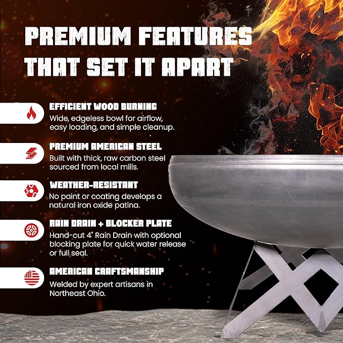 Liberty Fire Pit – Ohio Flame Wood Burning Outdoor Fire Pit - 24" Diameter with Angled Base (Made in USA)