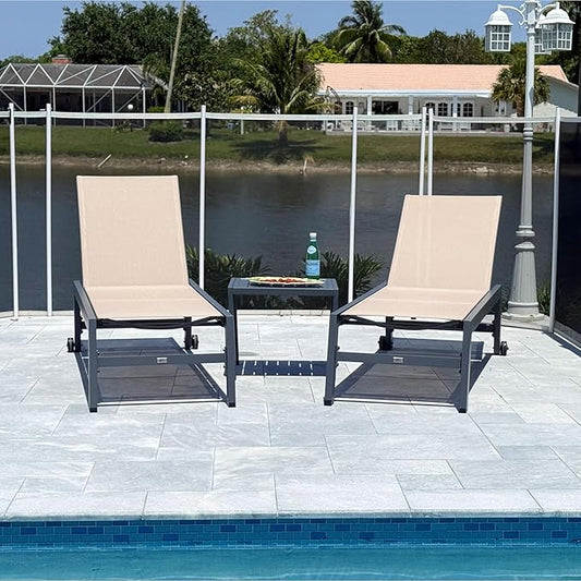 PURPLE LEAF Patio Chaise Lounge Set for 2 Outdoor Chaise Lounge Chair with Aluminum Frame and Easy-to-Move Wheels Pool Lounge Chairs for Deck Yard Poolside Table Included, Sand Beige