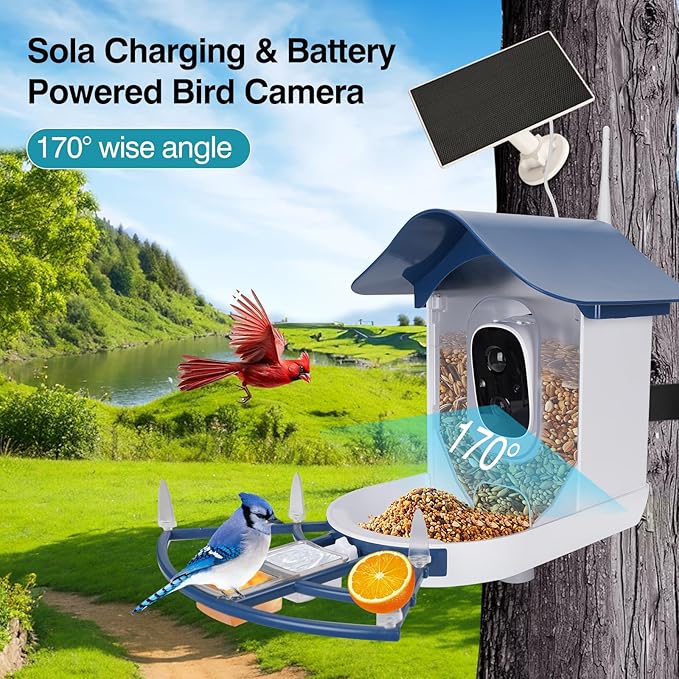 Smart Bird Feeder with Camera,AI Identify Bird Species,Auto Record 2K Video in Backyard Garden,Live View,Solar Powered Charging,Ideal Gifts for Family and Lovers (Dark Blue)