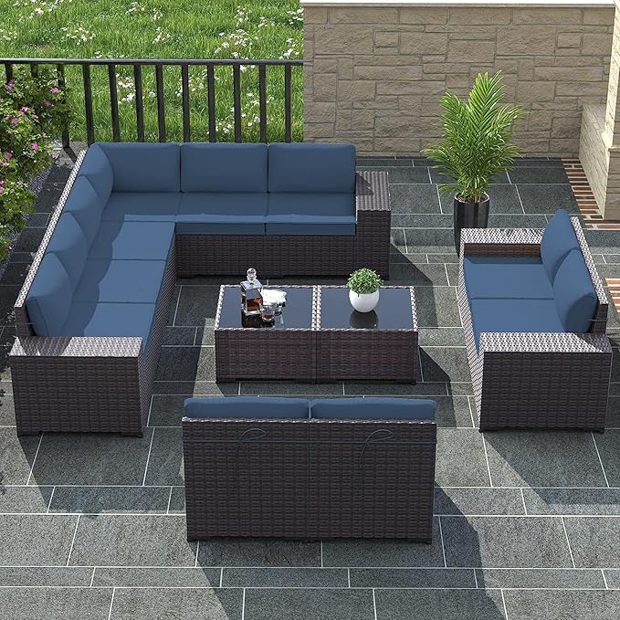 Outdoor Patio Furniture Set, 12 Pieces Outdoor Furniture All Weather Patio Sectional Sofa PE Wicker Modular Conversation Sets with Coffee Table,10 Chairs & Seat Clips Dark Blue