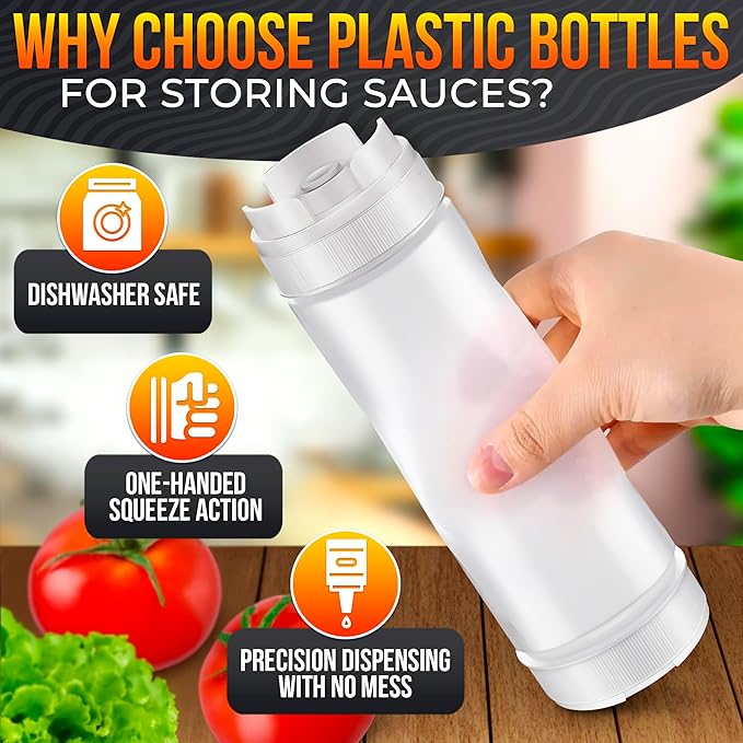 Set of 6 Condiment Squeeze Bottles for Sauces 16 oz – Easy-to-Fill Clear Bottles with Self-Closing Valve | Ready for Dressings, Ketchup, Mustard, Honey Jars & More, Durable, Reusable, Mess-Free Design