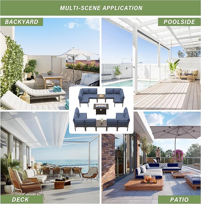 Patio Furniture Set,15 Pieces Modern Outdoor Conversation Set w/43in Gas Fire Pit Table, Outdoor Metal Sectional Sofa with 55000 BTU Propane Fire Pit