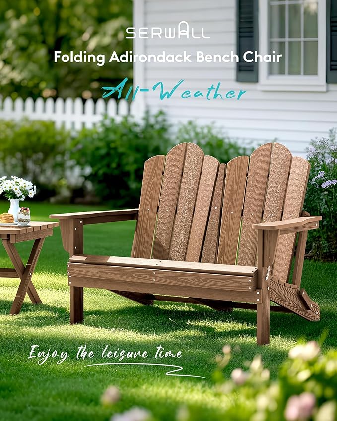 SERWALL Folding Adirondack Bench, HDPE All-Weather Adirondack Loveseat, 660 lbs Capacity, Foldable Outdoor Patio Bench for Deck, Lawn, Garden, Brown