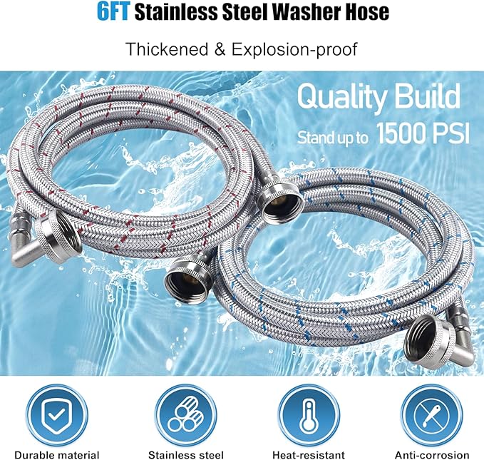6FT Premium Stainless Steel Washer Hoses with 90 Degree Elbow No-lead Burst-Proof 3/4" NPT Connection Hot & Cold Water Inlet Supply Lines for Washer - 2 Pack by Fetechmate
