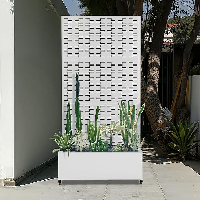 Planter Box with Trellis and Wheels, Metal Privacy Screen with Garden Beds Outdoor for Climbing Plants, Standing Planter Boxes with Drainage Holes (35" L×16" W×71" H, White Rectangle)