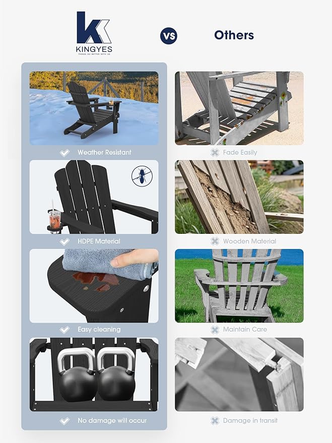KINGYES Folding Adirondack Chair Set of 4, HDPE All-Weather Patio Chairs with Cup Holder, Wooden Textured Fire Pit Chairs for Poolside, Backyard, Deck, Black