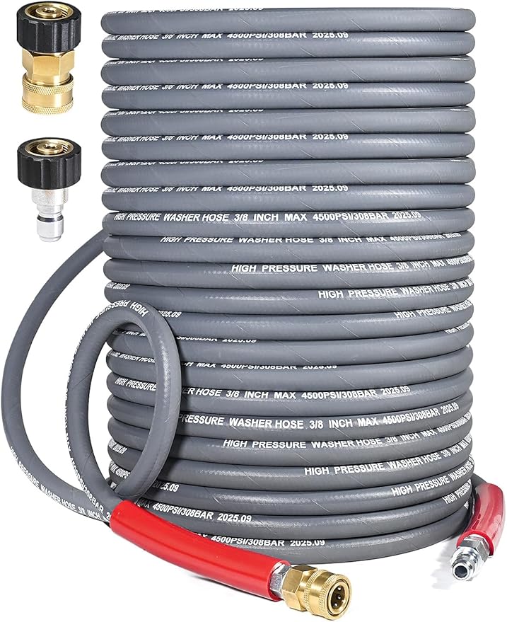 3/8″ Pressure Washer Hose 125 FT — 4500 PSI Steel-Braided Non-Marking Rubber | For Hot & Cold Water, Quick-Connect With M22 Fittings, Industrial-Grade Replacement for Gas Pressure Washers