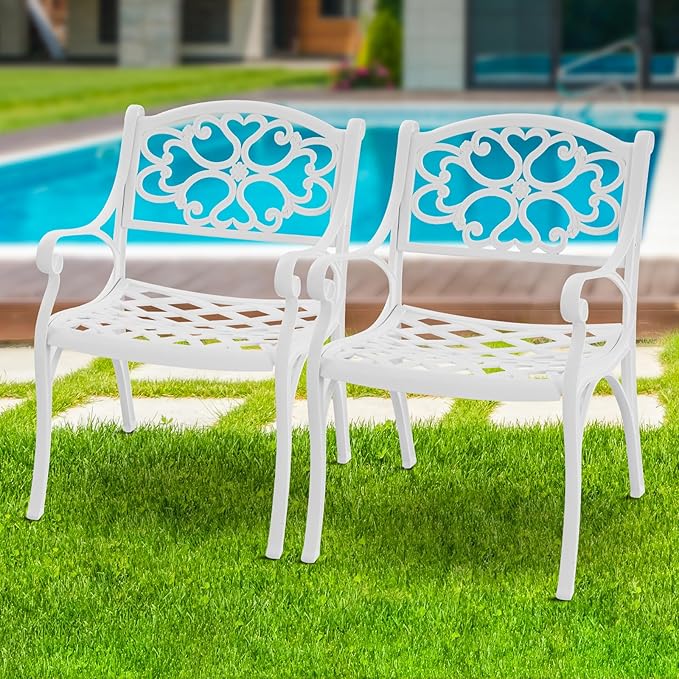 Patio Dining Chairs Set of 2, Cast Aluminum Patio Bistro Chairs, Outdoor Bistro Chairs with Armrest for Garden Backyard Deck