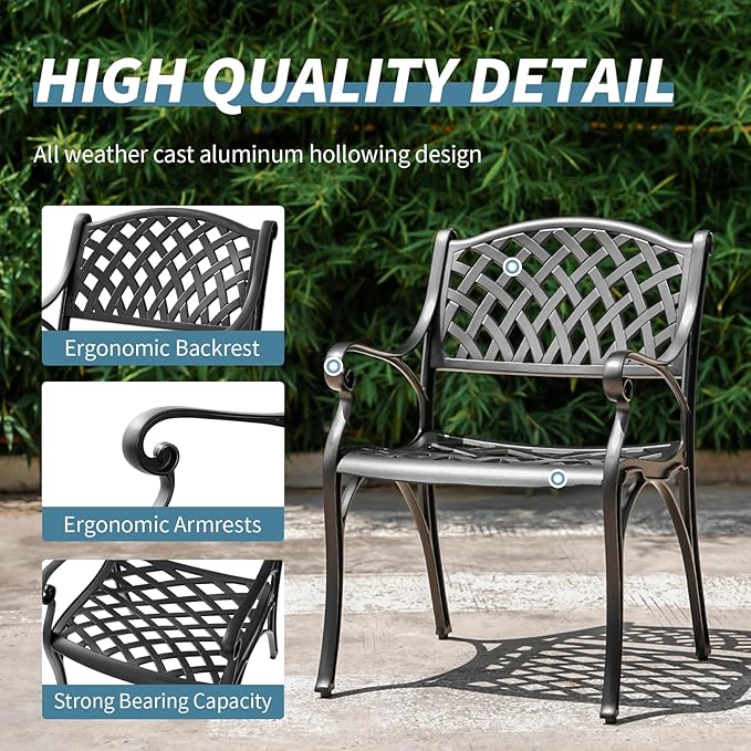 Cast Aluminum Patio Chairs - Outdoor Patio Furniture, Metal Bistro Chairs Set of 2 with Armrest, All Weather Patio Dining Chairs for Garden, Yard, Black