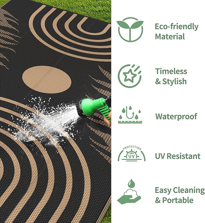 GENIMO Outdoor Rug 5' x 8' Waterproof for Patio Clearance, Reversible Plastic Straw Camping Carpet, Lightweight Rugs Mats for Rv, Backyard, Deck, Porch, Picnic, Balcony, Mix-Black & Brown