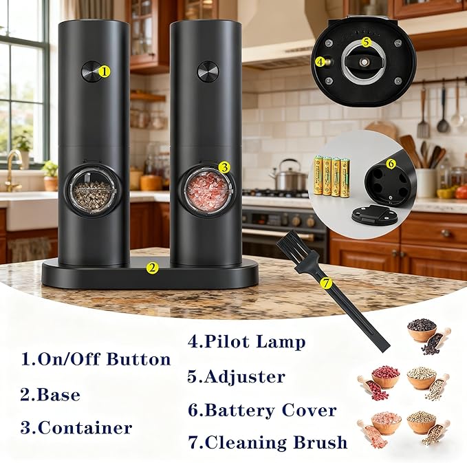 Electric Salt and Pepper Grinder Set,Battery Powered Automatic Pepper Mill with Adjustable Coarseness,Seasoning Tools for Kitchen BBQ Restaurant Outdoor, Dining or Gifting