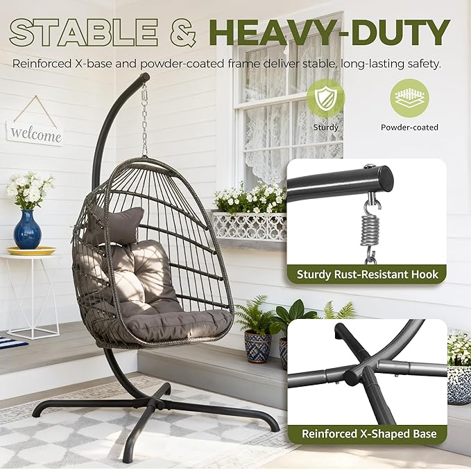 RADIATA Heavy Duty Egg Chair Swing with Stand, 350Lbs Rattan Hanging Chairs with Base and Cozy Cushion, Single Eggshell Hammock Seat for Outside Patio Porch Backyard Balcony Apartment, Dark Grey