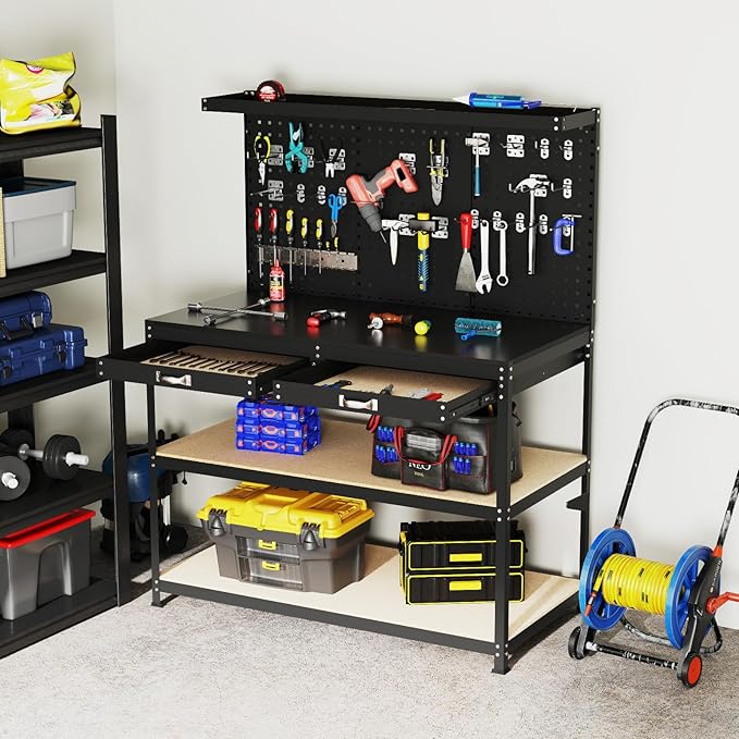 Goplus Workbench with Drawers, 48" x 24" Work Table with Pegboard, Storage, 4 Shelves, 24 Hanging Accessories, 506 LBS Capacity, Heavy-Duty Metal Tool Work Bench for Garage, Workshop