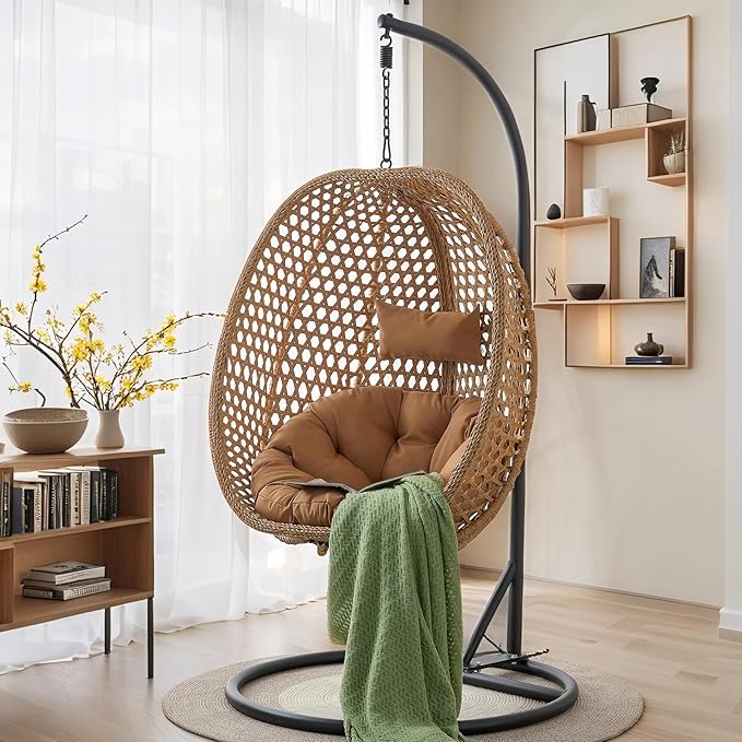 Hanging Egg Chair with Stand, Egg Swing Chair with Stand Indoor Outdoor, Yellow Basket Wicker Swing Egg Chair, Hammock Chair with Stable Round Metal Base and Comfortable Cushion for Patio Bedroom