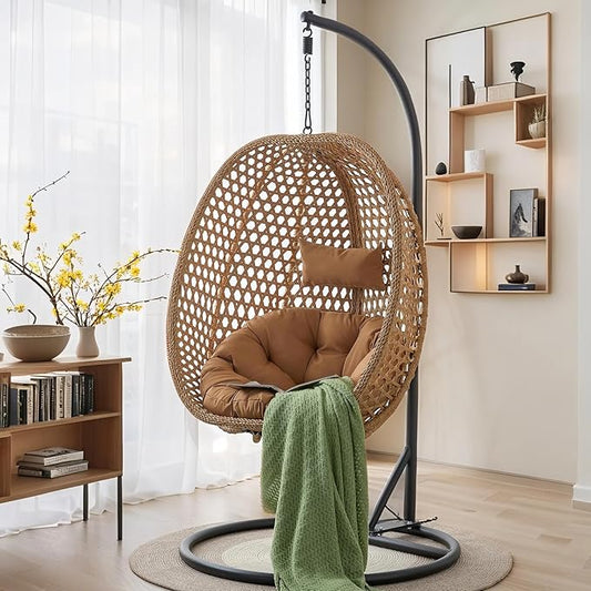Hanging Egg Chair with Stand, Egg Swing Chair with Stand Indoor Outdoor, Yellow Basket Wicker Swing Egg Chair, Hammock Chair with Stable Round Metal Base and Comfortable Cushion for Patio Bedroom