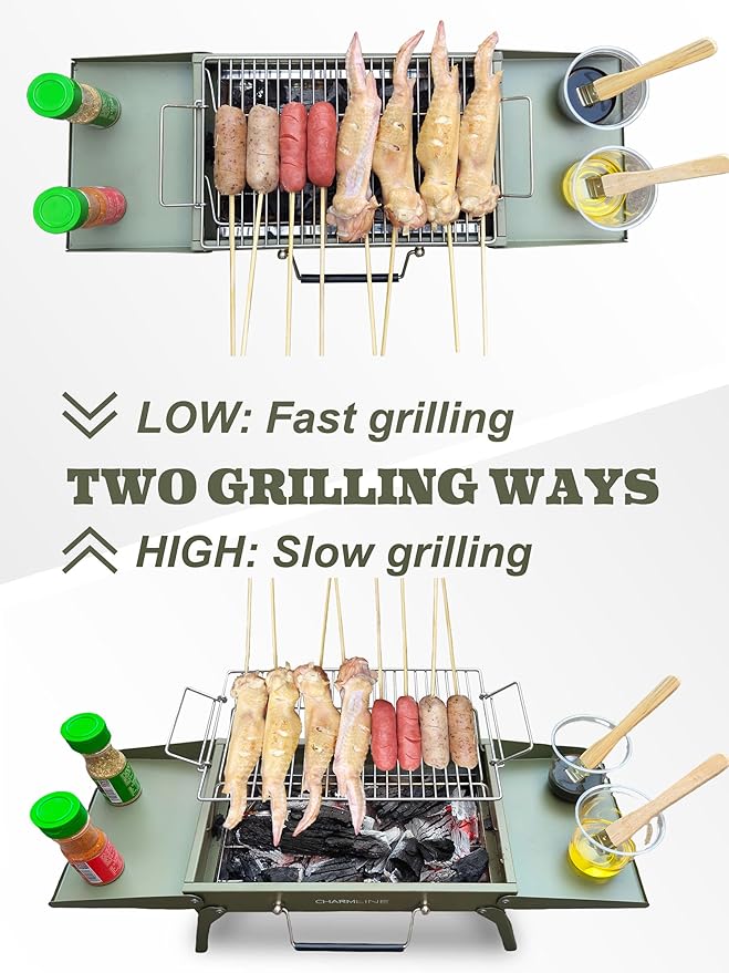Charmline 14x9 inches Small Portable Charcoal Grill, Compact Portable BBQ Grill, Tabletop Charcoal Grills for Camping, Picnics, Gardens and Beach Parties, Green