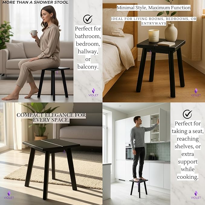 Black Teak Wood Shower Seat with Stainless Steel Legs – Waterproof Non-Slip Bath Stool, Indoor & Outdoor Use, 440 lbs Capacity, ADA Compliant, Handmade Compact Modern Design Bench