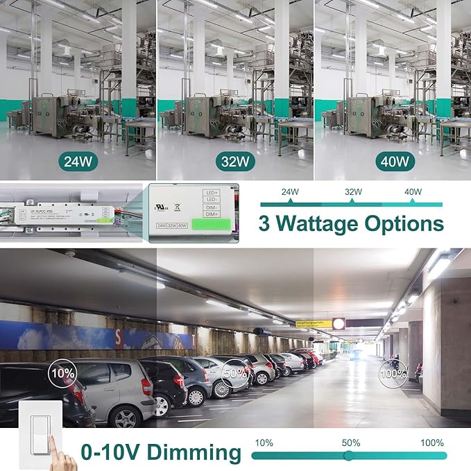 kadision 4FT Vapor Tight LED Light Fixture 40W/32W/24W Adjustable Light Output, 4800lm 5000K 100-277V, 0-10V Dimmable Vapor Proof LED Light for Car Washes Parking Garages, UL Listed