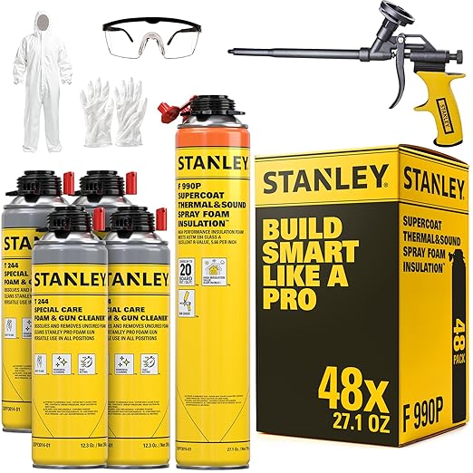 STANLEY F 990P Supercoat Spray Foam Insulation Kit - Closed Cell Spray Foam Covers Up to 960 Sq.Ft.,(11.32/2 inch R-Value) - Including Gun, Cleaner, Safety Items - 27.1 oz, 48 Pack
