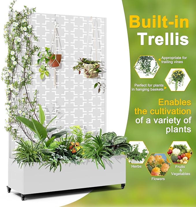 FENCY Metal Raised Garden Bed with Wheels and Trellis,73"x47"x16" Planter Box for Climbing Plants, Vegetables & Vines, Features Privacy Screen and Drainage Holes (White-Square)