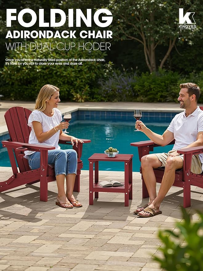 KINGYES Folding Adirondack Chair Set of 6, Dual Cup Holders & All-Weather HDPE, Wood-Like Patio Chair for Backyard, Camping, Pool & Fire Pit, Dark Red