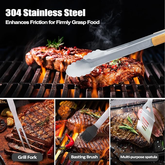 Christmas Pop Pop Gifts from Grandkids, Pop Pop Gifts Heavy Duty Wooden BBQ Grilling Accessories Kit for Backyard, Thick Stainless Steel Grill Utensils with Non-Slip Handle Tools in Portable Bag