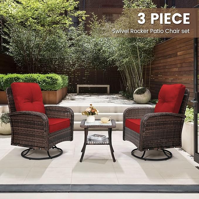 Luxury Outdoor Swivel Wicker Glider Patio Chairs with Table Set, Overstuffed Washable Cushions, Ideal for Porch, Balcony, Deck, Brown Rattan and Red Cushion