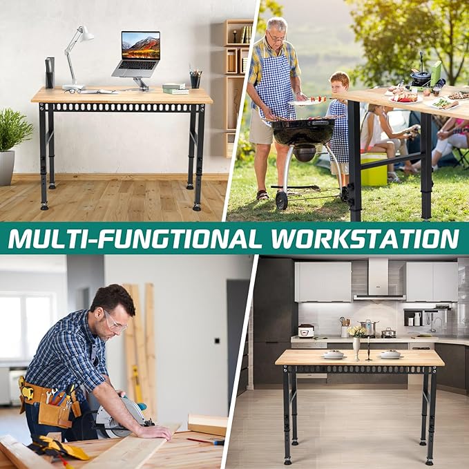48 "Adjustable Workbench, Heavy Duty 2000 LBS Load Capacity Hardwood Workbench Suitable for Workshop, Office, Garage, Home (Rubber Pad丨No Power Outlets 48"x24")