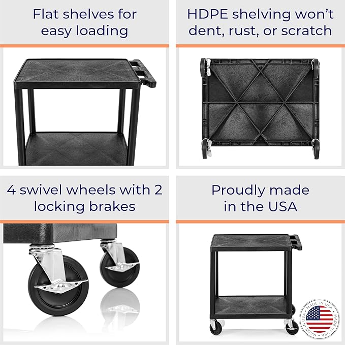 Stand Steady Tubstr Compact 2 Shelf Utility Cart | Made in USA | Easy-Load Flat Shelves Hold Up to 300 lbs | Space-Saving Storage Cart & Rolling Tool Cart for School, Office & Garage (24 x 18in/Black)
