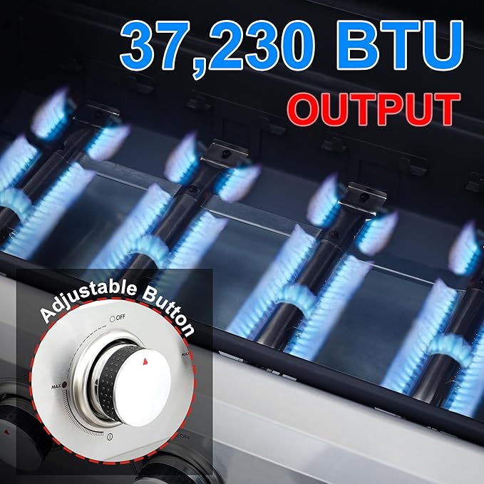 4-Burner Propane Gas Grill, Stainless Steel Control Panel, Easy Ignition, Temperature Gauge, 2-Enameled Cooking Grids, Portable With Wheels For 34,200 BTU Outdoor Barbecue BBQ Grill