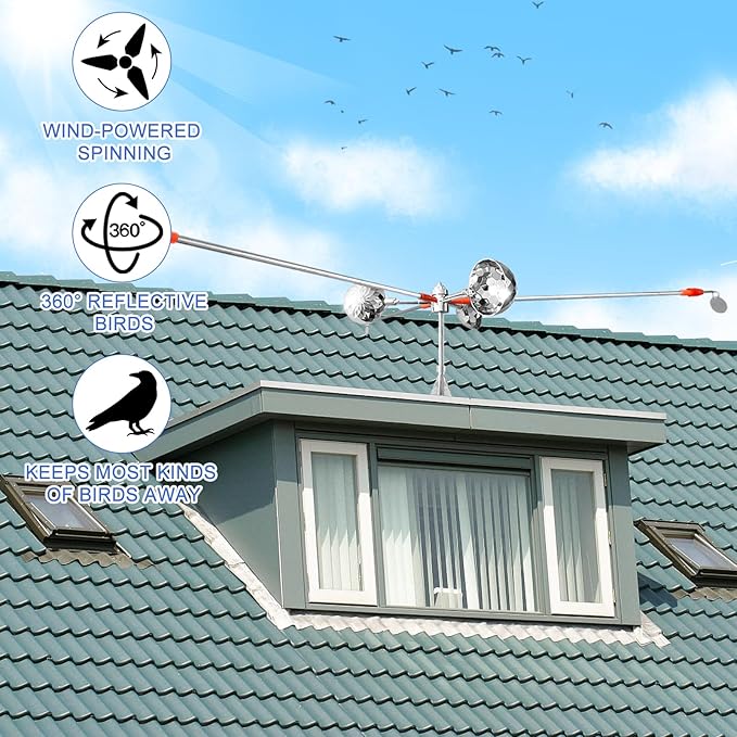Bird Reflective Spinning Deterrent Devices for Outside Keep Birds Away Pigeon Woodpeckers Deterrent for Garden Roofs(Silver, with Base and Pole)