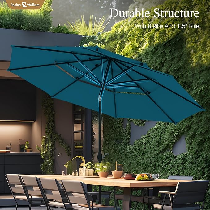 Sophia & William 10ft 3 Tier Auto-tilt Patio Umbrella, Outdoor Double Vented Umbrella with Crank, Cyan-blue